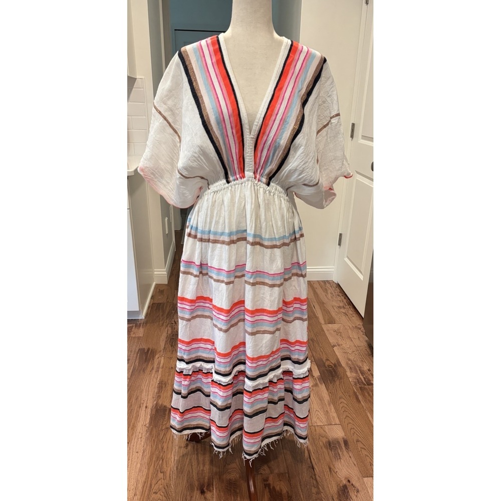 Lemlem Bekah Plunging V-neck Dress Cotton Gauze Boho KAFTAN Dress Women's Medium